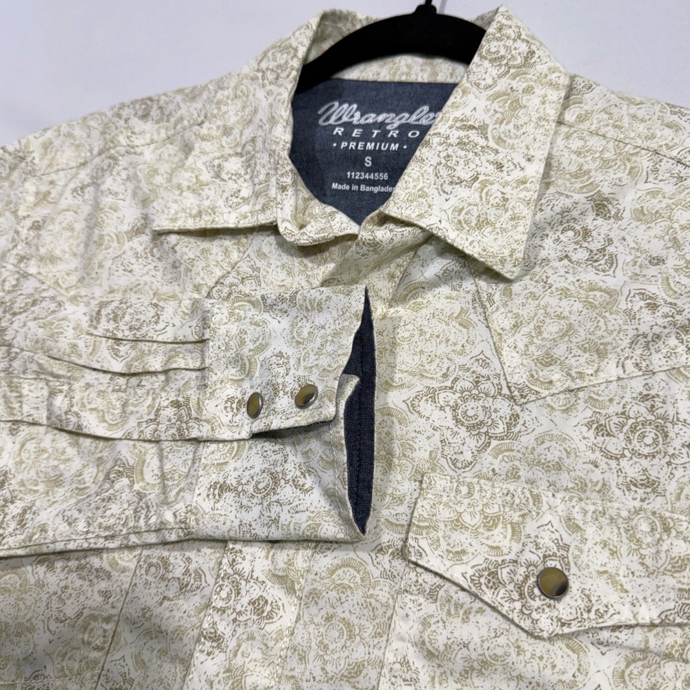 Wrangler Retro Premium Mens Shirt Small Tan Floral Paisley Snap Cowboy Western